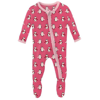 Girl's Print Bamboo Muffin Ruffle Footie with Zipper - Winter Rose Penguins (WCA22) Baby & Toddler Sleepwear