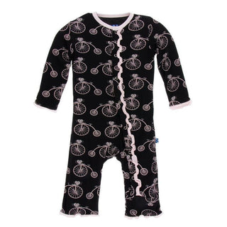 Girl's Print Bamboo Ruffle Coverall with Snaps - Midnight Bikes KicKee Pants