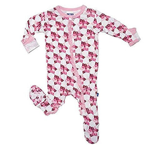 Girl's Print Bamboo Ruffle Footie with Snaps - Natural Poinsettia KicKee Pants