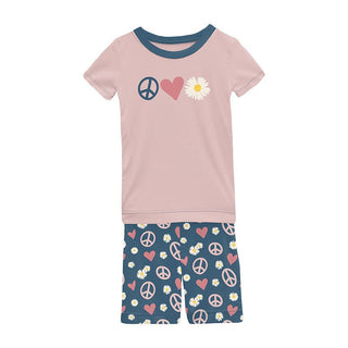 Girl's Print Bamboo Short Sleeve Graphic Tee Pajama Set with Shorts - Peace, Love and Happiness Baby & Toddler Sleepwear