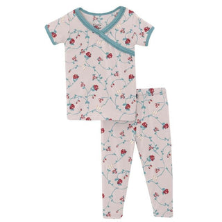 Girl's Print Bamboo Short Sleeve Scallop Kimono Pajama Set - Macaroon Floral Vines Baby & Toddler Sleepwear