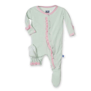 Girls Solid Bamboo Ruffle Footie with Snaps, Aloe with Lotus KicKee Pants