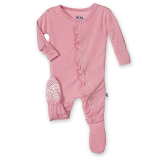 Girls Solid Bamboo Ruffle Footie with Snaps, Desert Rose KicKee Pants