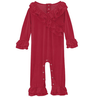 KicKee Pants Girls Solid Long Sleeve Kimono Double Ruffle Romper - Crimson