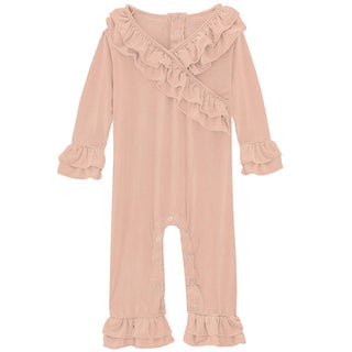 Girl's Solid Bamboo Long Sleeve Kimono Double Ruffle Romper - Peach Blossom Baby One-Pieces