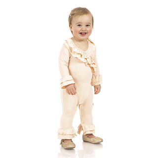 Girl's Solid Bamboo Long Sleeve Kimono Double Ruffle Romper - Peach Blossom KicKee Pants