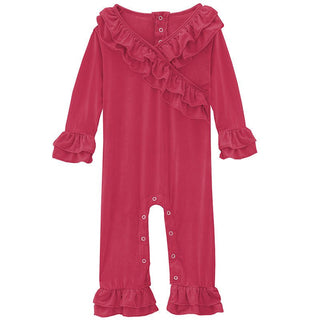 Girl's Solid Bamboo Long Sleeve Kimono Double Ruffle Romper - Taffy Baby One-Pieces