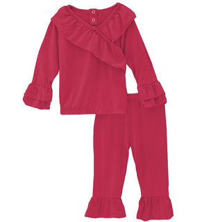 KicKee Pants Girls Solid Long Sleeve Kimono Ruffle Outfit Set - Taffy