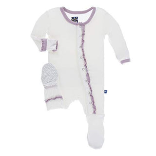 KicKee Pants Girl's Solid Muffin Ruffle Footie with Snaps - Natural with Sweet Pea