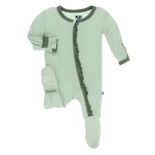 Girl's Solid Bamboo Muffin Ruffle Footie with Zipper - Aloe with Succulent KicKee Pants