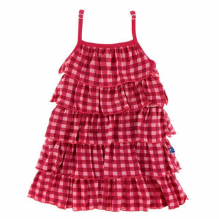 Girl's Bamboo Tiered Ruffle Dress, Flag Red Gingham Baby & Toddler Dresses