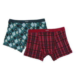 KicKee Pants Holiday Mens Boxer Brief Set, Christmas Plaid and Cedar Vintage Ornaments