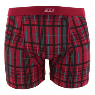 KicKee Pants Holiday Mens Boxer Brief Set, Christmas Plaid and Cedar Vintage Ornaments