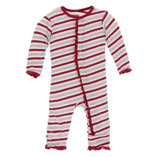 KicKee Pants Holiday Print Muffin Ruffle Coverall with Snaps - Rose Gold Candy Cane Stripe