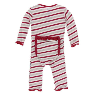 KicKee Pants Holiday Print Muffin Ruffle Coverall with Snaps - Rose Gold Candy Cane Stripe