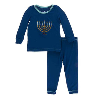 KicKee Pants Holiday Long Sleeve AppliquePajama Set- Navy Menorah | Stylish Sleepies offer designs that make bedtime beautiful.