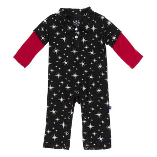 Holiday Bamboo Long Sleeve Double Layer Polo Romper - Silver Bright Stars Baby One-Pieces