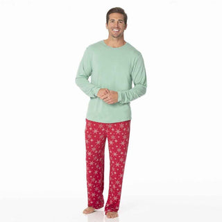 KicKee Pants KicKee Mens Print Long Sleeve Pajama Set - Crimson Snowflakes | Stylish Sleepies offer designs that make bedtime beautiful.