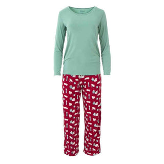 KicKee Pants Kickee WomensLong Sleeve Loosey Goosey Tee and Pant Pajama Set - Crimson Puppies and Presents | Stylish Sleepies offer designs that make bedtime beautiful.