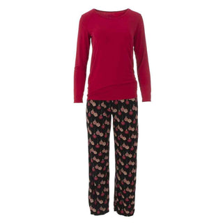 Women's Bamboo Long Sleeve Loosey Goosey Tee & Pant Pajama Set - Midnight Ornaments Pajamas