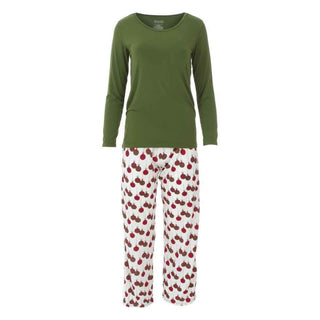 KicKee Pants Kickee WomensLong Sleeve Loosey Goosey Tee and Pant Pajama Set - Natural Ornaments