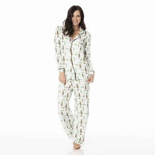 KicKee Pants Kickee WomensSolid Long Sleeved Collared Pajama Set - Natural Woodland Holiday | Stylish Sleepies offer designs that make bedtime beautiful.