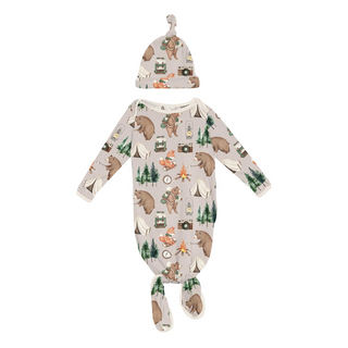 Kickee Pants Knotted Layette Gown & Hat Set - Latte Camping Animals | Baby Riddle