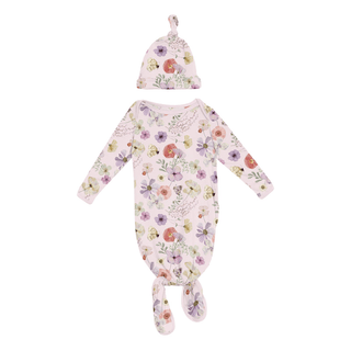 Kickee Pants Knotted Layette Gown & Hat Set - Shrinking Violet Pressed Flowers | Baby Riddle