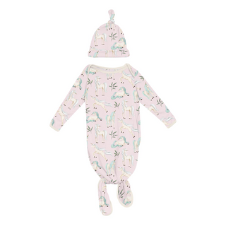 Kickee Pants Knotted Layette Gown & Hat Set - Shrinking Violet Sleeping Unicorns | Baby Riddle