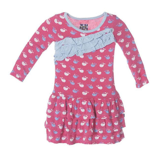 KicKee Pants Long Sleeve Diagonal Ruffle Banner Dress, Winter Rose Tiny Whale