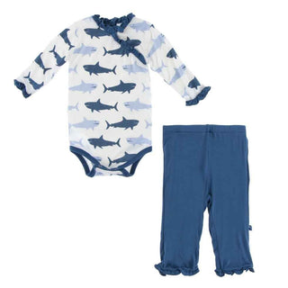 Bamboo Long Sleeve Kimono Ruffle One Piece & Ruffle Pant Set, Natural Megalodon Baby One-Pieces