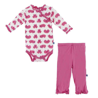 Bamboo Long Sleeve Kimono Ruffle One Piece & Ruffle Pant Set, Natural Wombat Baby One-Pieces