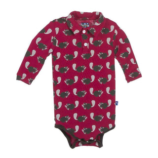 KicKee Pants Long Sleeve Polo One-Piece, Crimson Busy Beaver