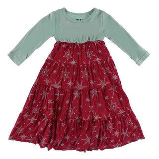 Bamboo Long Sleeve Tiered Dress - Crimson Snowflakes KicKee Pants