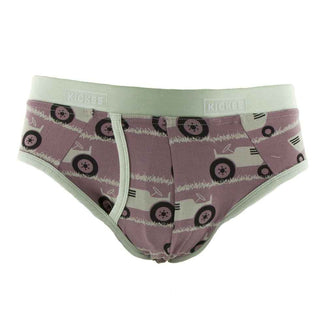 Men's Print Bamboo Brief Underwear- Raisin Tractor and Grass Underwear