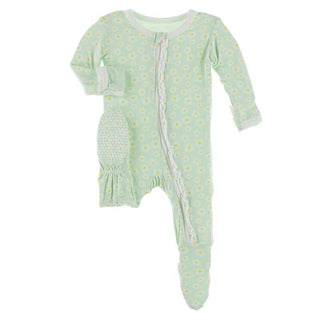 Bamboo Muffin Ruffle Footie with Zipper - Pistachio Chamomile KicKee Pants