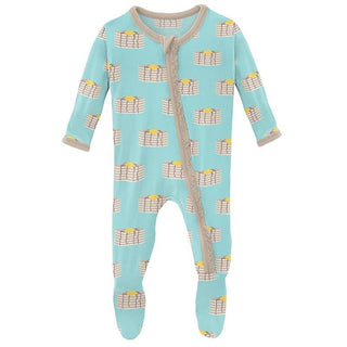 Bamboo Muffin Ruffle Footie with Zipper - Summer Sky Pancakes KicKee Pants