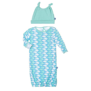 Newborn Print Layette Gown & Double Knot Hat Set, - Confetti Piranha KicKee Pants