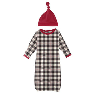 Newborn Print Bamboo Layette Gown & Single Knot Hat Set - Midnight Holiday Plaid KicKee Pants