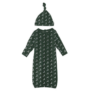 Newborn Print Bamboo Layette Gown & Single Knot Hat Set - Mountain View Reindeer Baby & Toddler Sleepwear