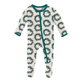 Print Bamboo Footie with 2-Way Zipper - Natural Holiday Wreath Baby & Toddler Sleepwear