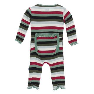 Print Bamboo Classic Ruffle Coverall with Zipper - Christmas Multi Stripe KicKee Pants