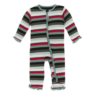 Print Bamboo Classic Ruffle Coverall with Zipper - Christmas Multi Stripe KicKee Pants