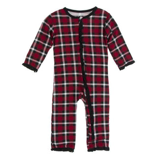 Print Bamboo Classic Ruffle Coverall with Zipper - Crimson 2020 Holiday Plaid KicKee Pants