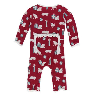 Print Bamboo Classic Ruffle Coverall with Zipper - Crimson Puppies and Presents KicKee Pants