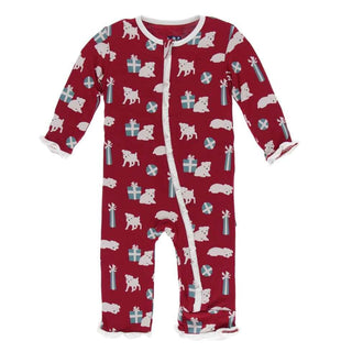 Print Bamboo Classic Ruffle Coverall with Zipper - Crimson Puppies and Presents KicKee Pants