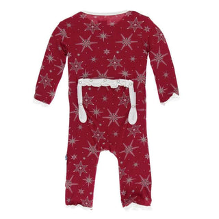 Print Bamboo Classic Ruffle Coverall with Zipper - Crimson Snowflakes KicKee Pants