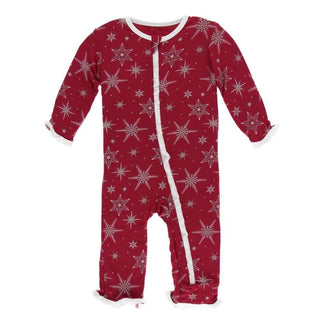 Print Bamboo Classic Ruffle Coverall with Zipper - Crimson Snowflakes KicKee Pants