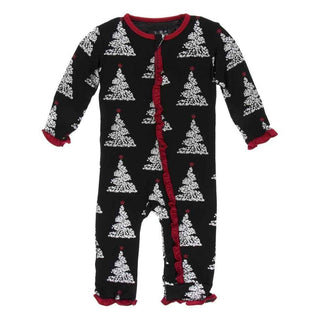 Print Bamboo Classic Ruffle Coverall with Zipper - Midnight Foil Tree KicKee Pants