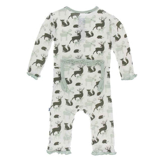 Print Bamboo Classic Ruffle Coverall with Zipper - Natural Forest Animals KicKee Pants